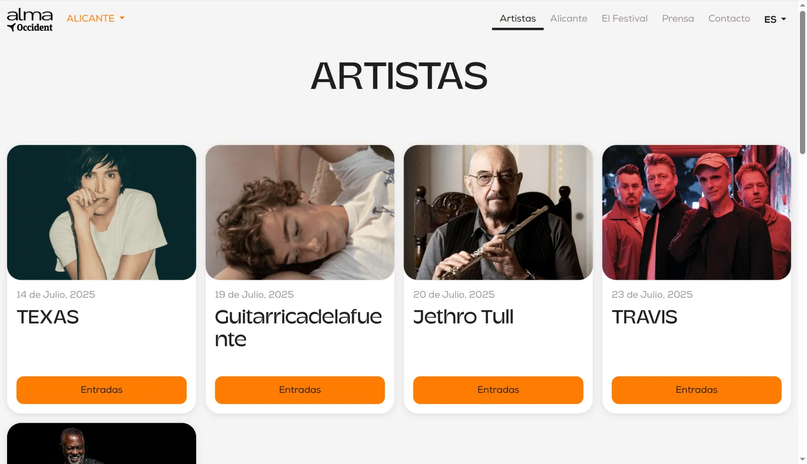 Programa de ALMA Alicante 2025 con cuatro artistas, fechas y botones de entradas