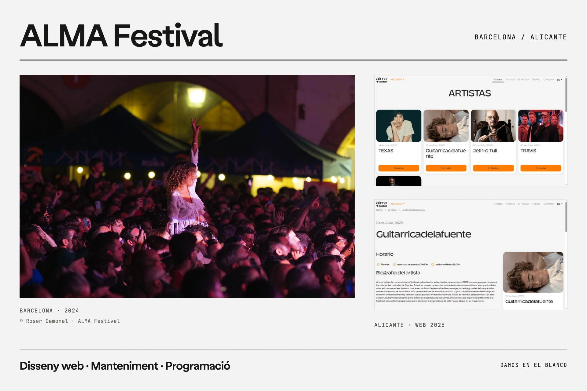 ALMA Festival: fotografia del públic a Barcelona al costat de les pantalles originals de programació i artista d’Alacant.