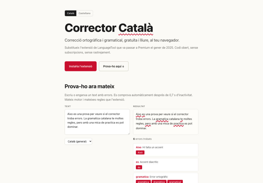 Corrector Català, free and private checking inside your browser