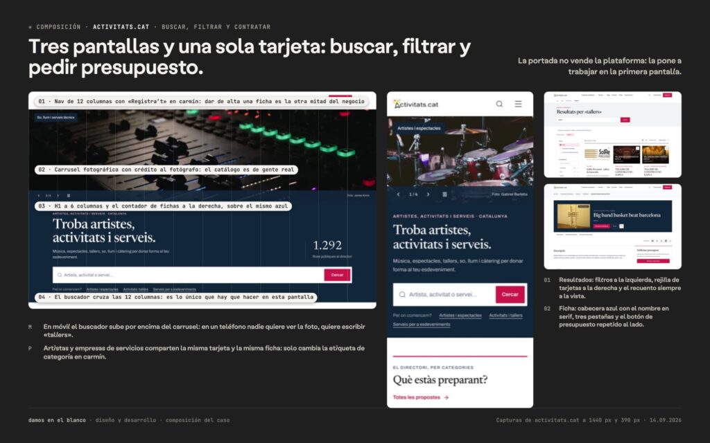 Tres pantallas y una sola tarjeta: buscar, filtrar y pedir presupuesto.