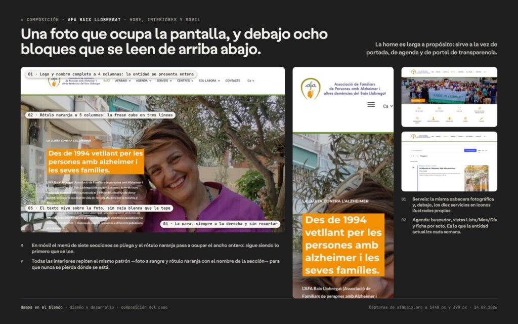 Una foto que ocupa la pantalla y, debajo, ocho bloques que se leen de arriba abajo.