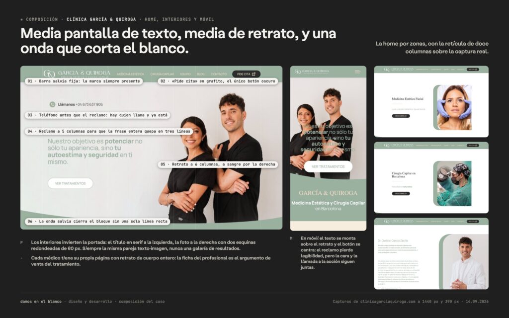 Media pantalla de texto, media de retrato, y una onda que corta el blanco.