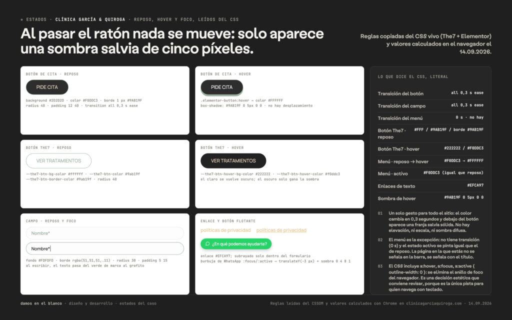 Estados: al pasar el ratón nada se mueve; solo aparece una sombra salvia de cinco píxeles.