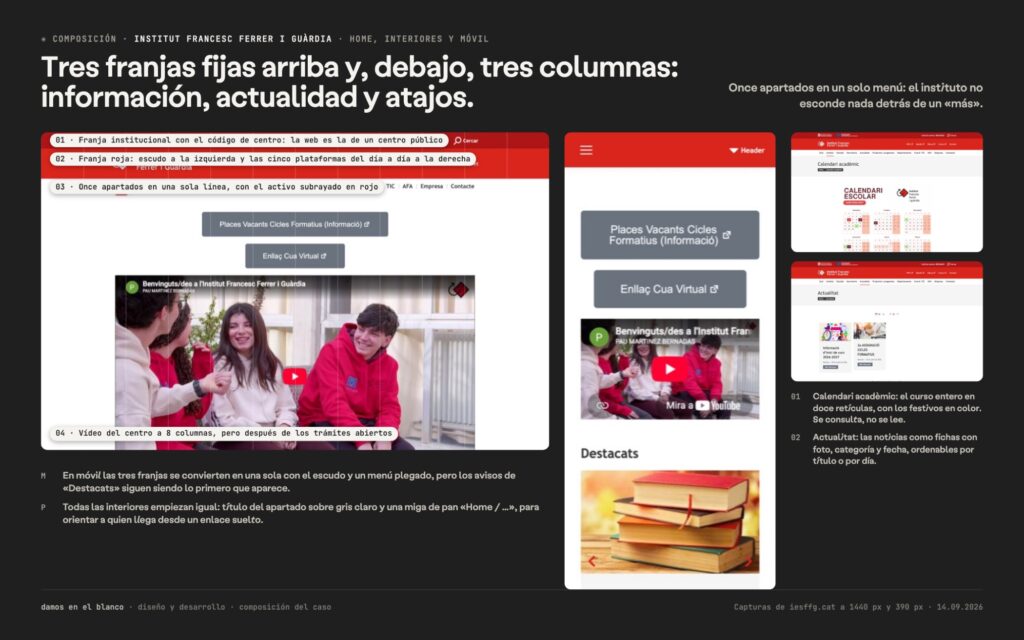 Tres franjas fijas arriba y, debajo, tres columnas: información, actualidad y atajos.