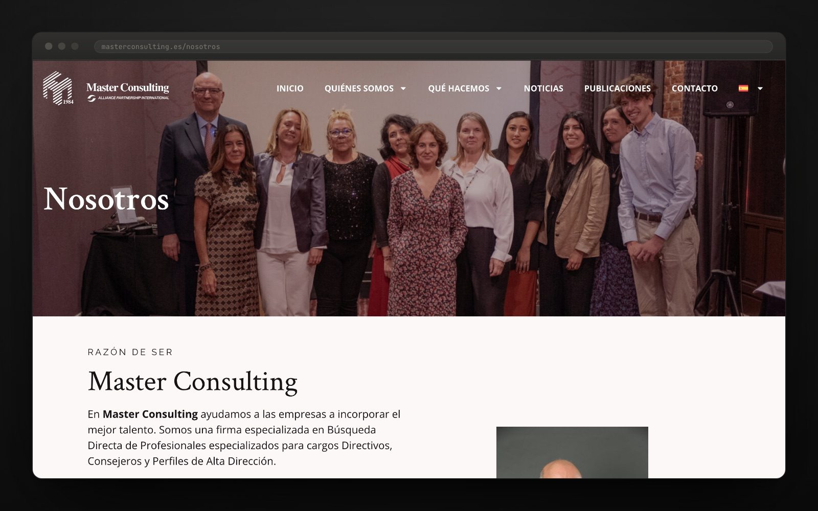 La página Nosotros, con la razón de ser de Master Consulting y lo que define a la consultora