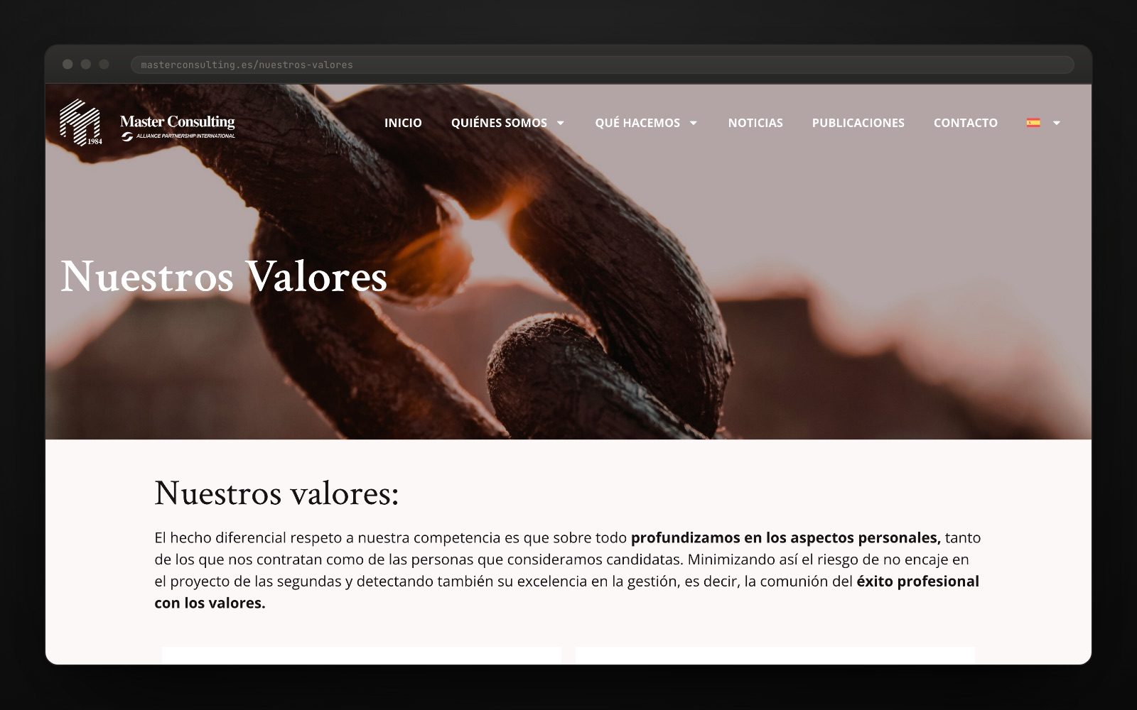 La página Nuestros Valores, con los cuatro que reivindican: transparencia, compromiso, respeto y humildad, y capacidad de trabajo