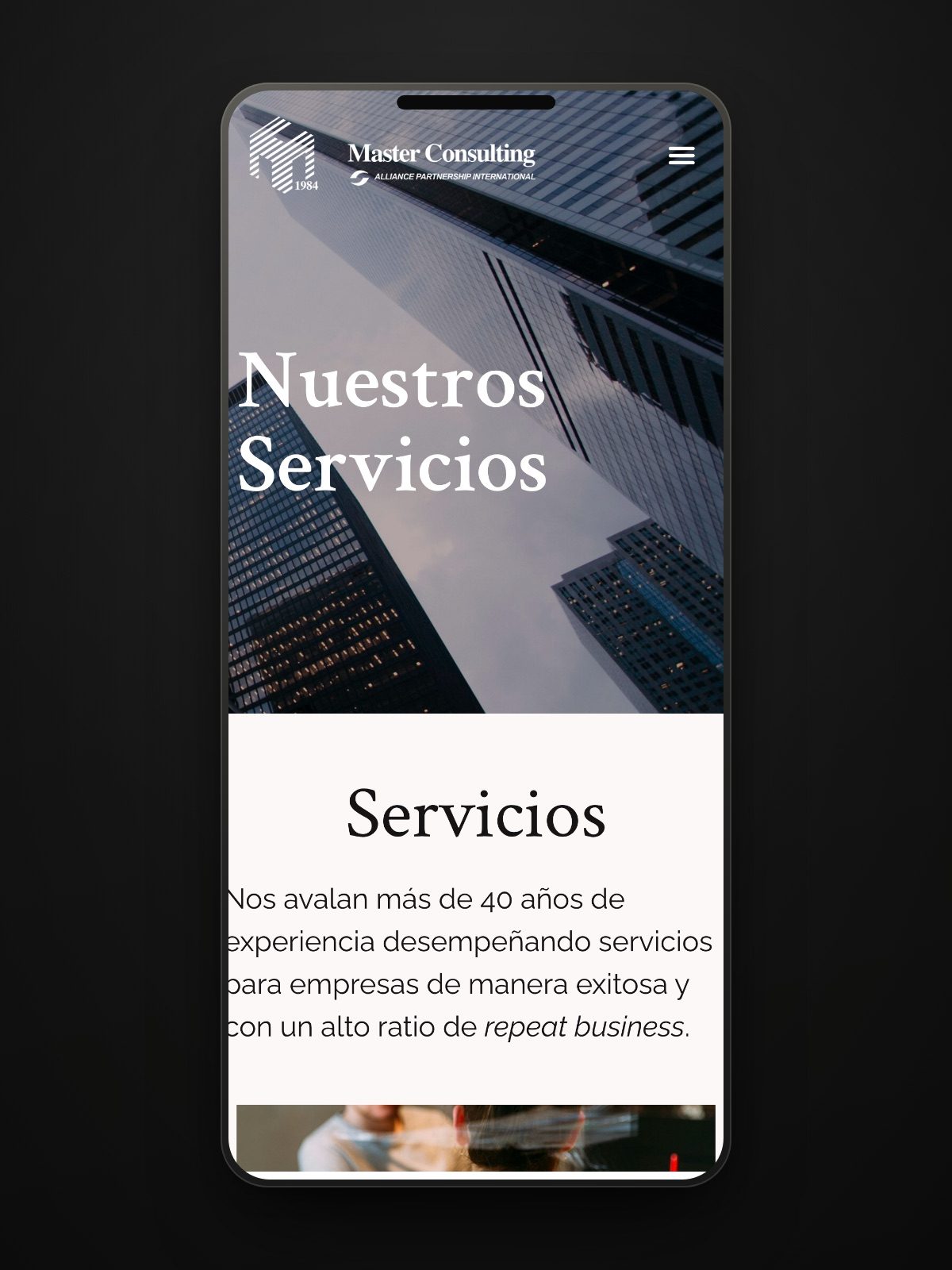La página de servicios de Master Consulting en un móvil, con las cuatro líneas de trabajo apiladas