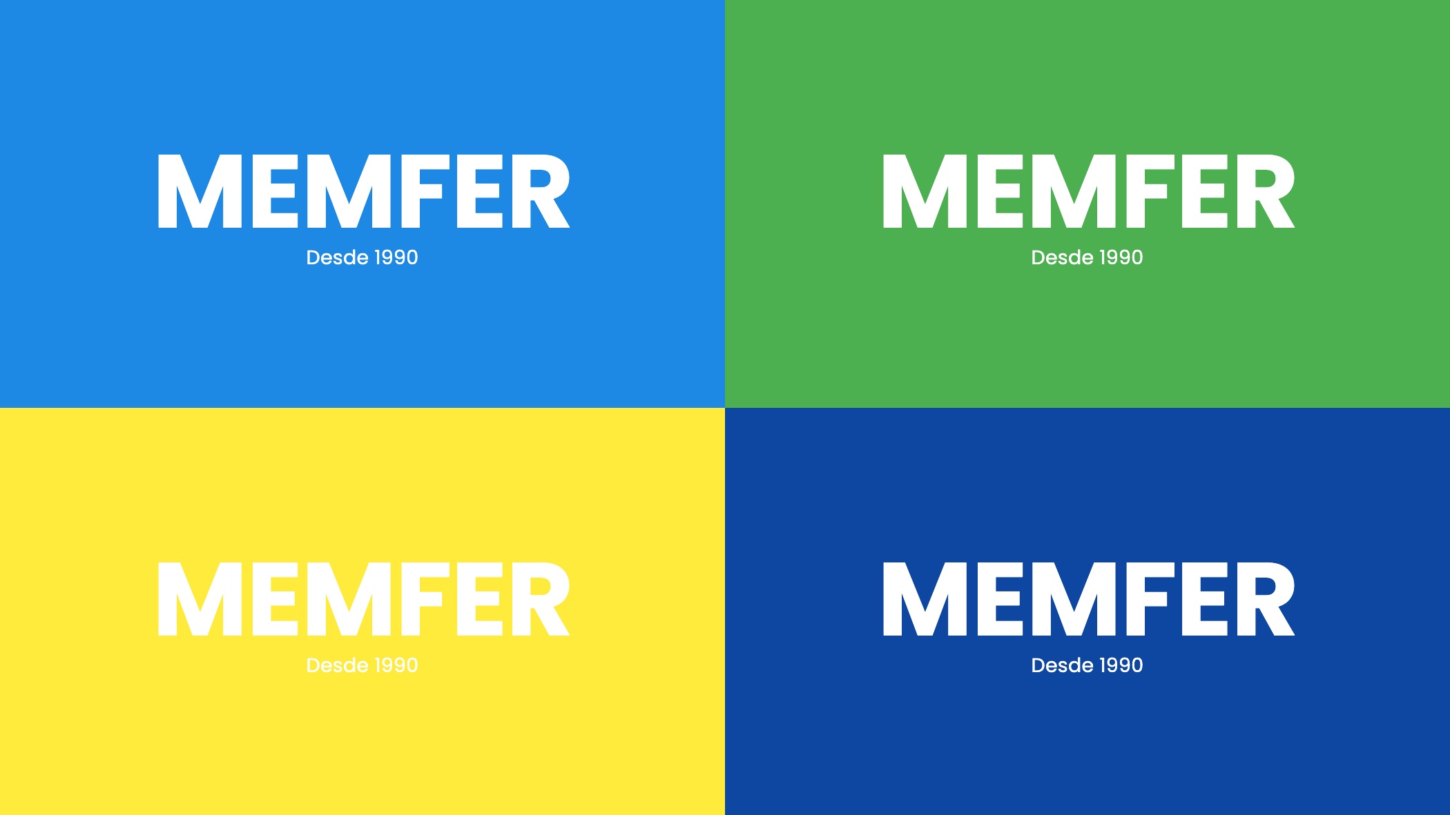 Cuatro cuadrantes con el logotipo MEMFER sobre azul, verde, amarillo y azul oscuro.