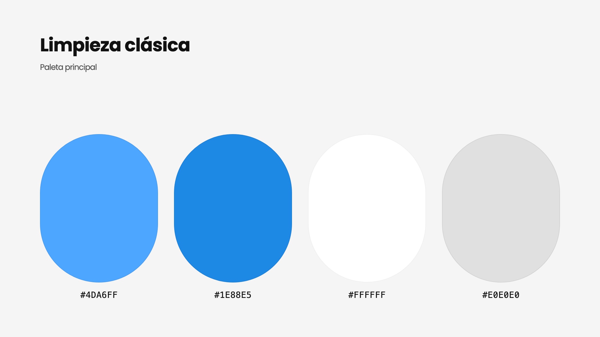 Cuatro cápsulas de color: #4DA6FF, #1E88E5, #FFFFFF y #E0E0E0.