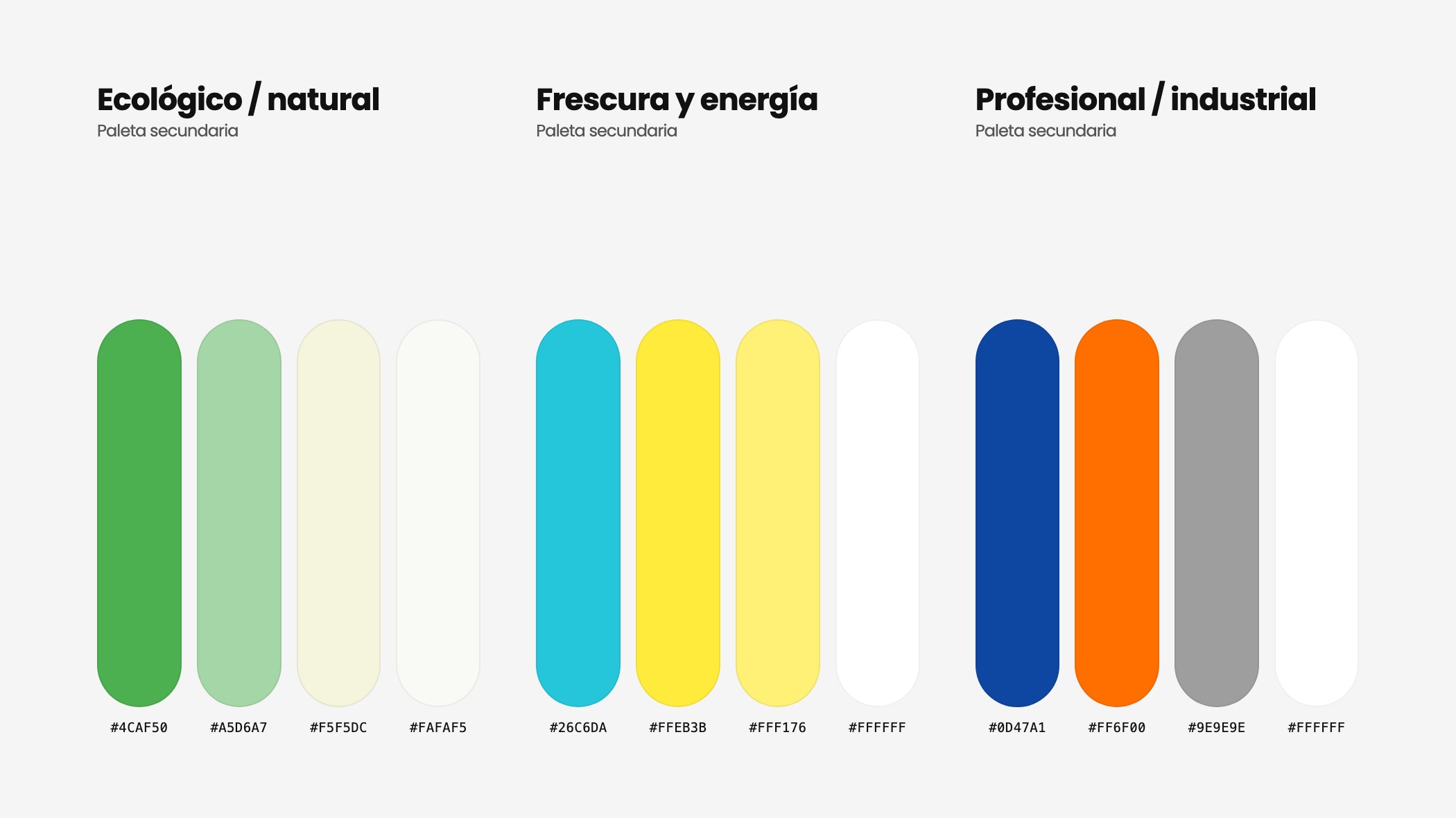 Tres paletas de cuatro colores: ecológico / natural, frescura y energía, profesional / industrial, con sus códigos hexadecimales.