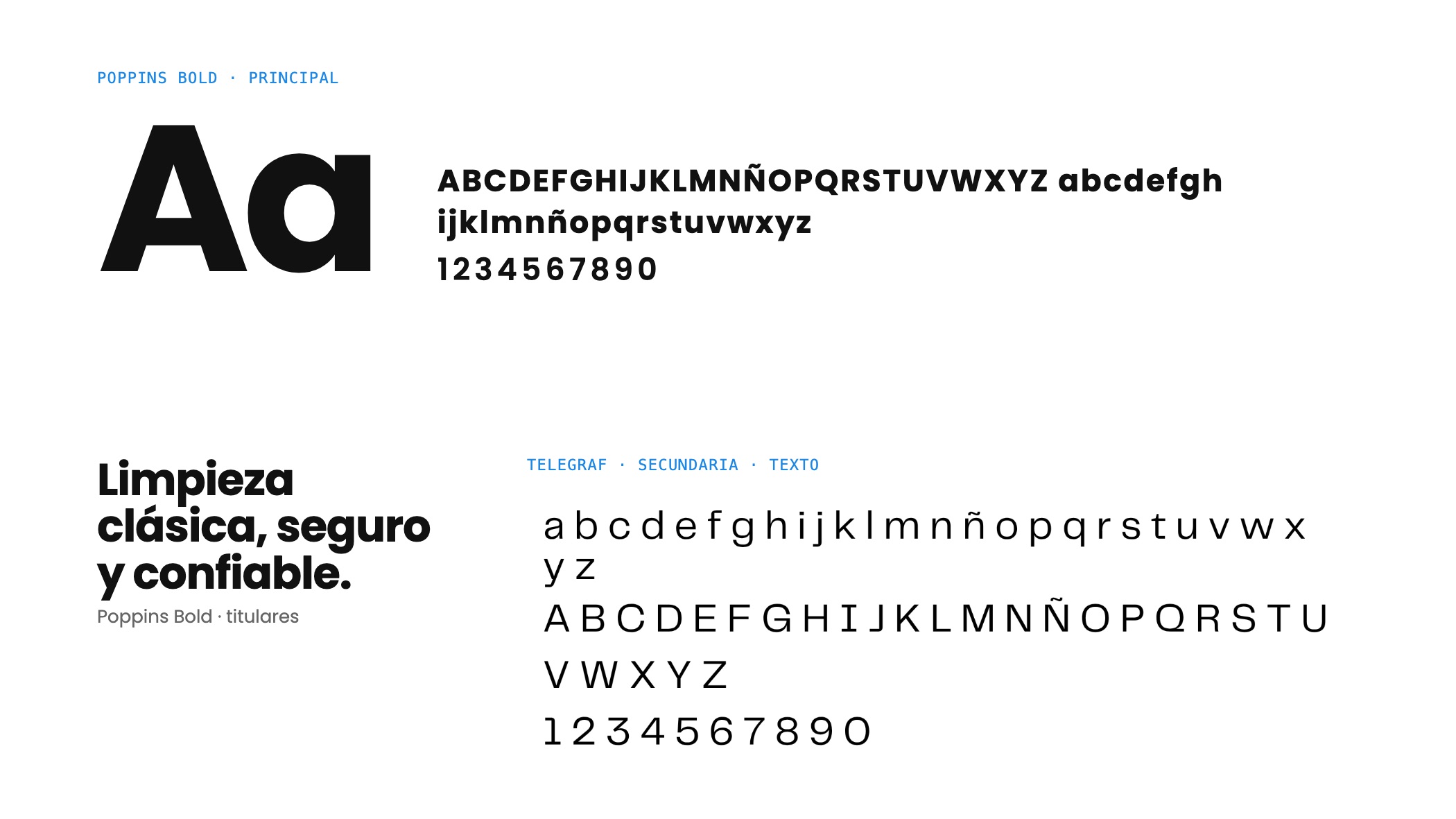 Especimen tipográfico: Poppins Bold para titulares y Telegraf para texto.