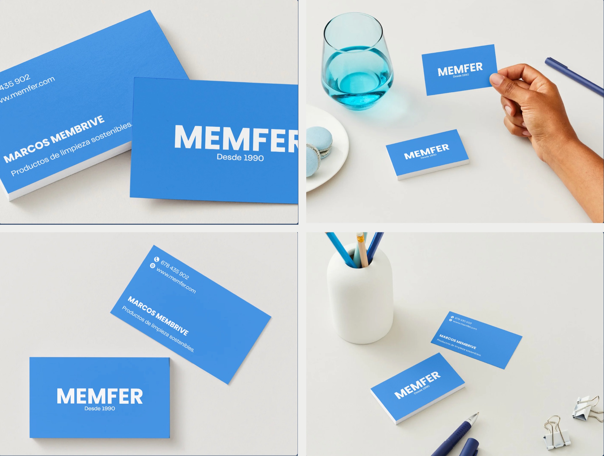 Cuatro fotografías de las tarjetas de visita azules de Memfer sobre mesa, en mano y con papelería.