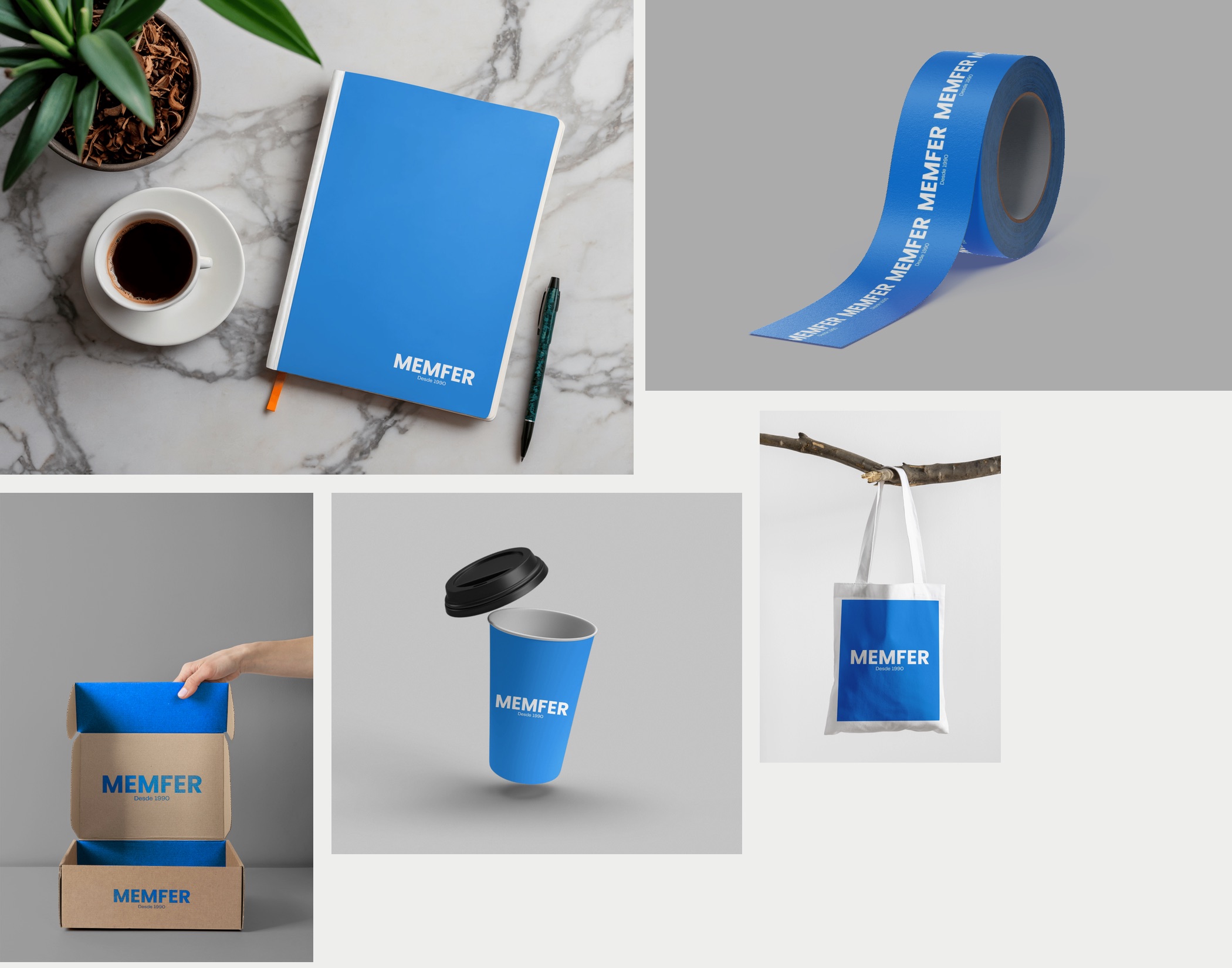 Libreta sobre mármol, cinta de embalar, caja de cartón, vaso de café y bolsa de tela con el logotipo MEMFER.