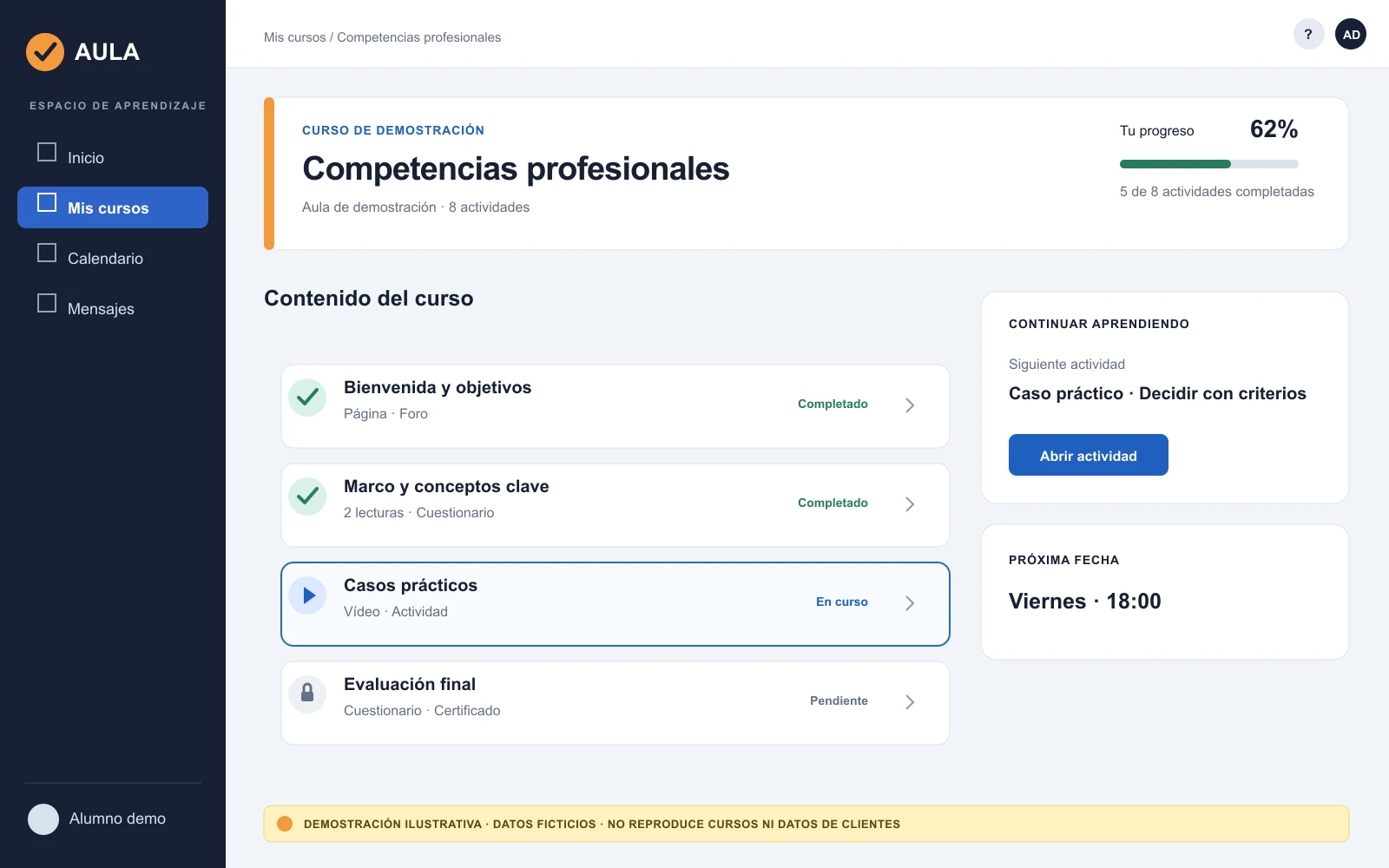 Módulos de un curso de demostración con progreso ficticio