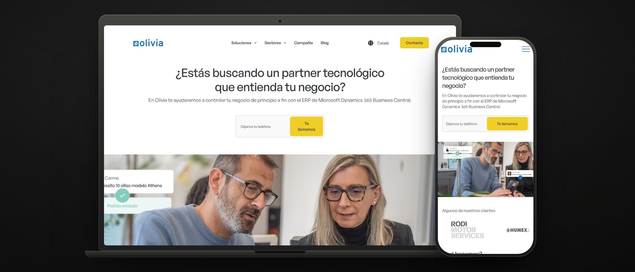 La portada de olivia.es en un portátil, con la pregunta al visitante y el campo «Déjanos tu teléfono», y la misma web en un móvil