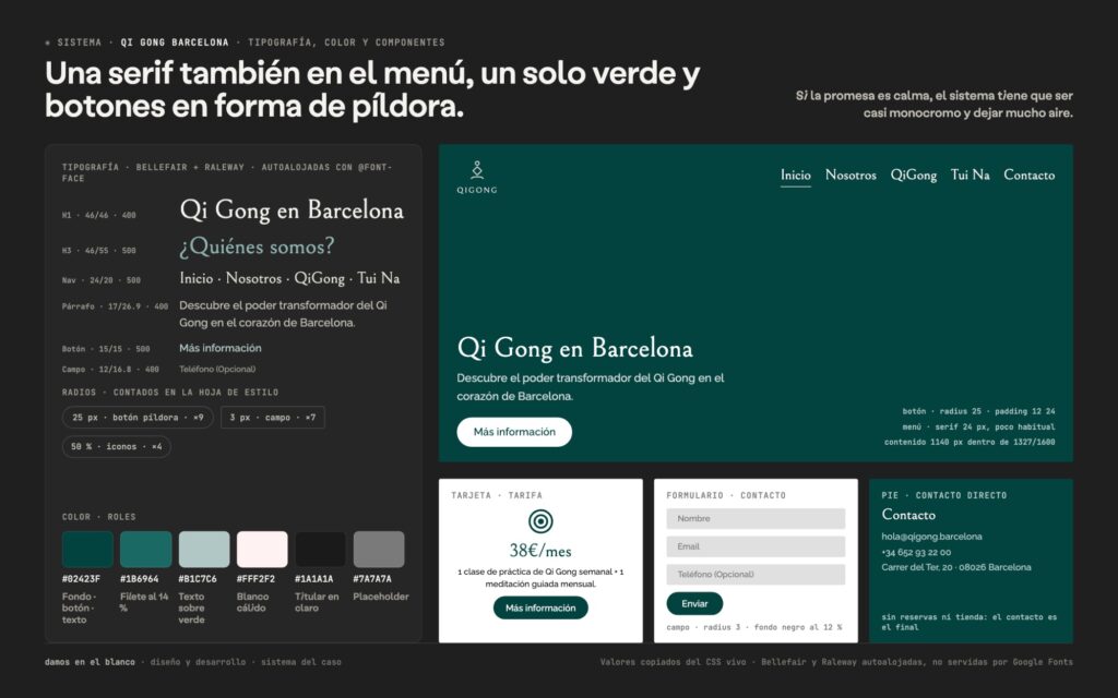 Una serif también en el menú, un solo verde y botones en forma de píldora de 25 píxeles.
