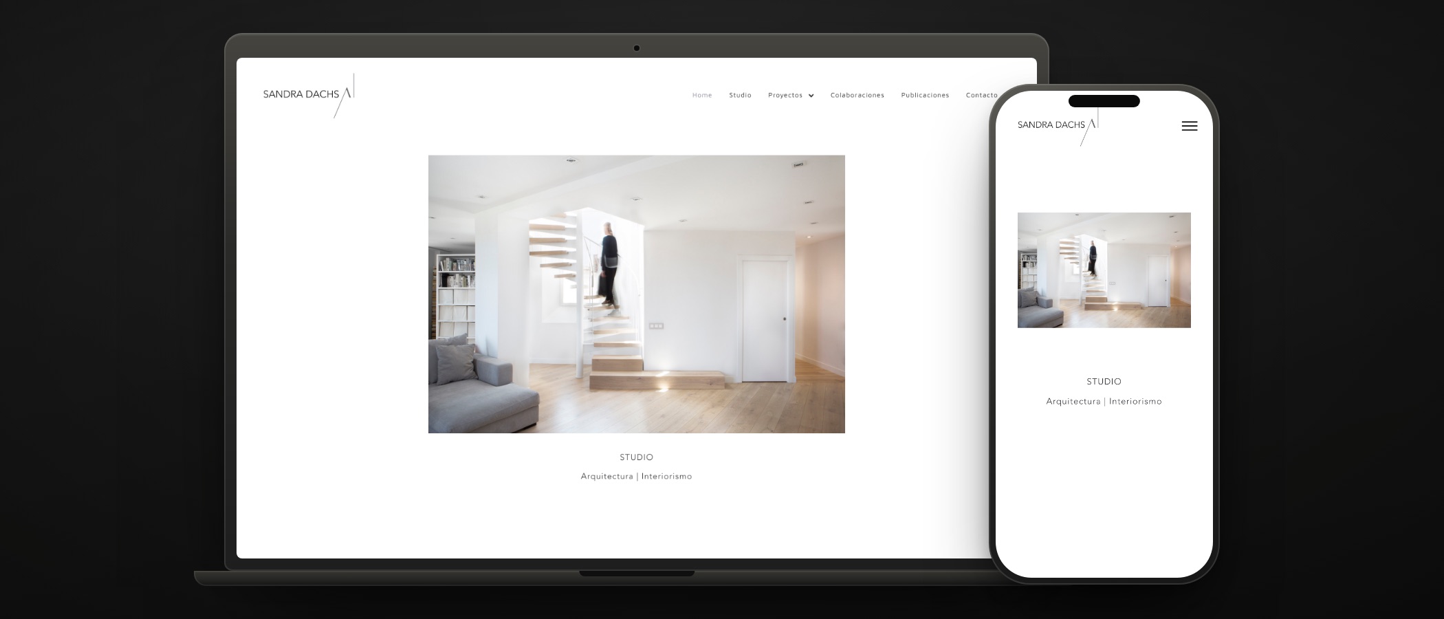 The sandradachs.com home page on a laptop showing a white interior photograph, and the same page on a phone