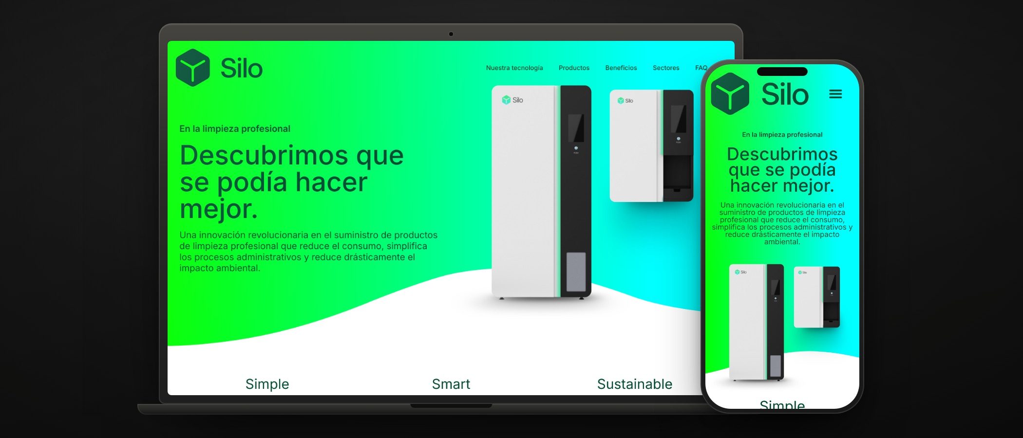 La portada de silo.care en un portátil, con el degradado verde y las máquinas dispensadoras, y la misma web en un móvil