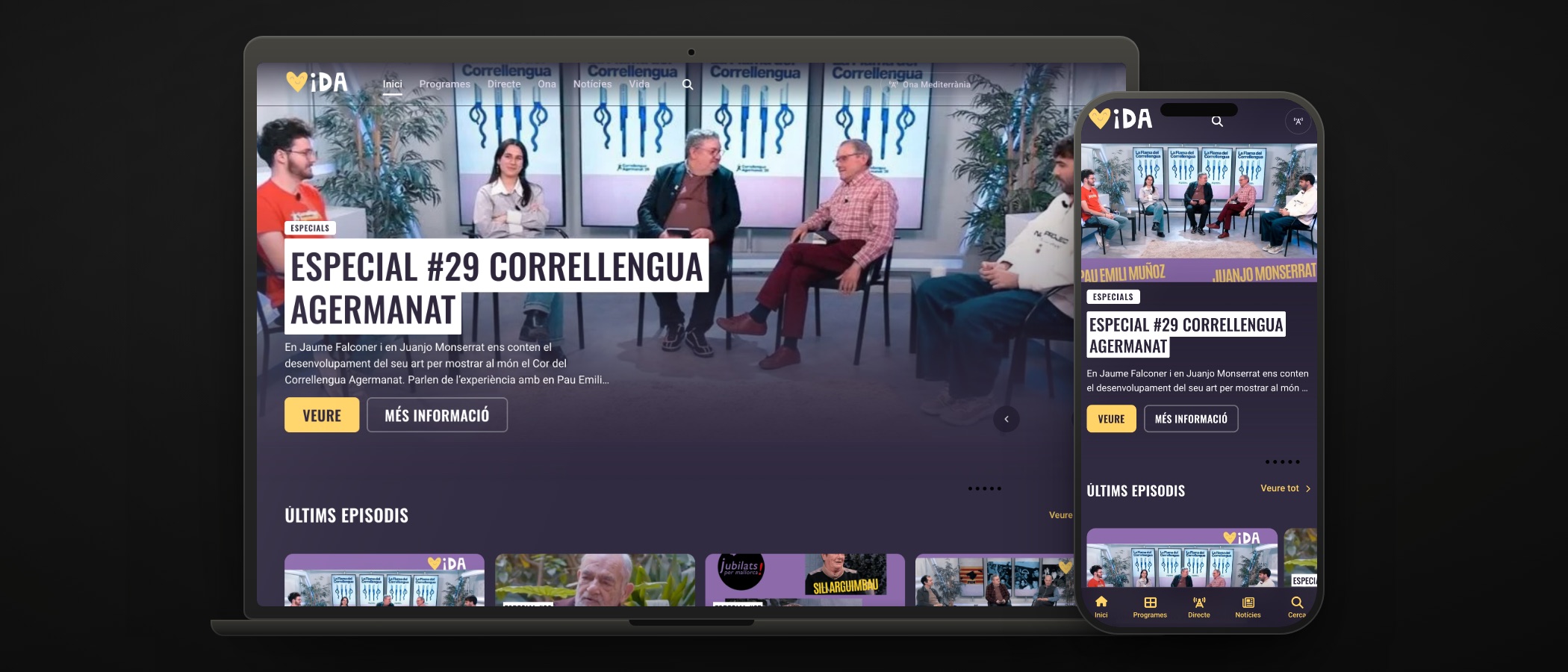 La portada actual de vida.cat en portátil y móvil: especial en cinta blanca, botón VEURE y últimos episodios