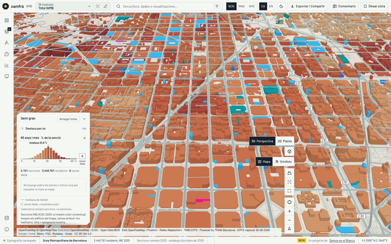 Perspectiva del Eixample con las manzanas de Cerdà y la densidad por sección; el chaflán da nombre al producto.