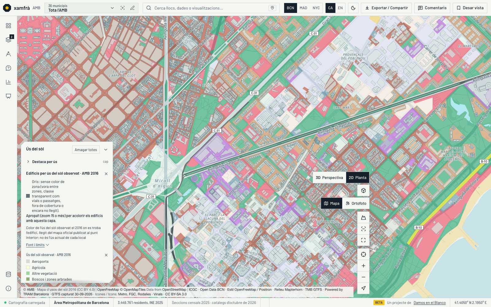 Mapa de usos del suelo sobre la trama urbana, con la leyenda de categorías.