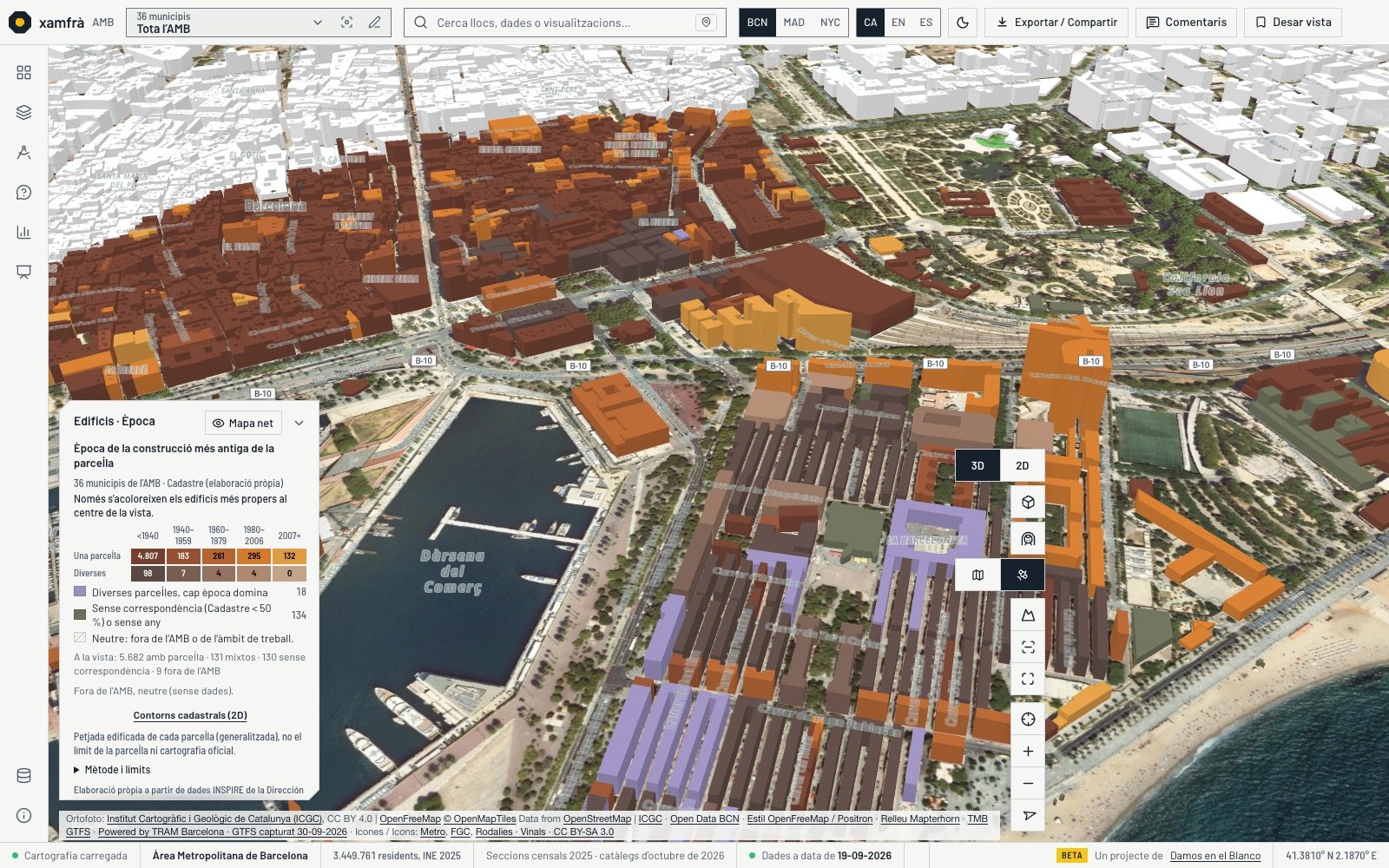 Ortofoto con los edificios coloreados por época de construcción y uso.